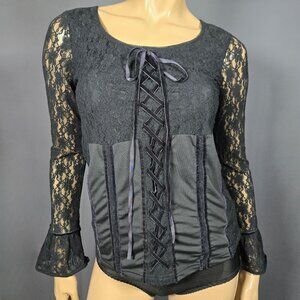 Y2K Black Lace Gothic Fairy Top Size S Lace Up Corset Style Bell Sleeves Witchy
